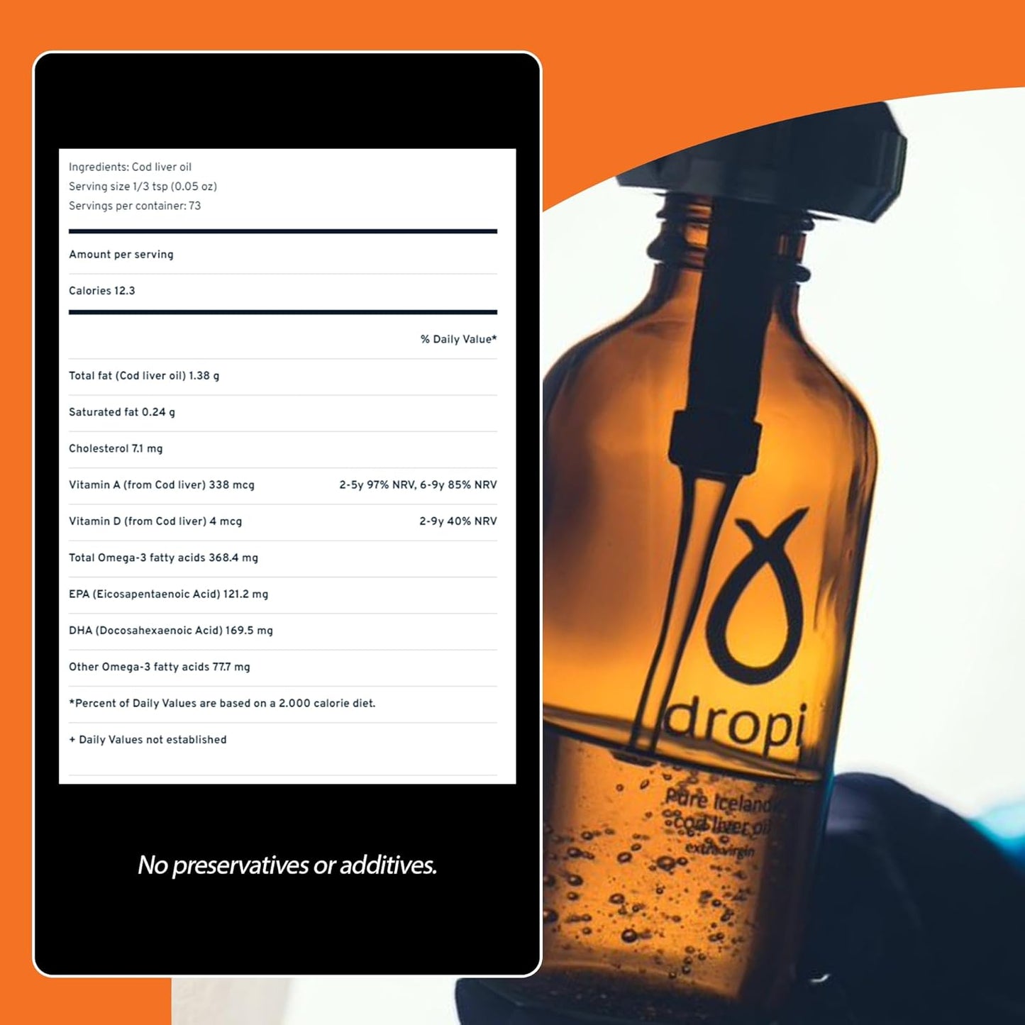 Premium Dropi Kids Liquid Omega-3 Fish Oil Supplement with EPA, DHA, Vitamin A & D - Immune, Brain, and Joint Support - 3.7 Fl Oz