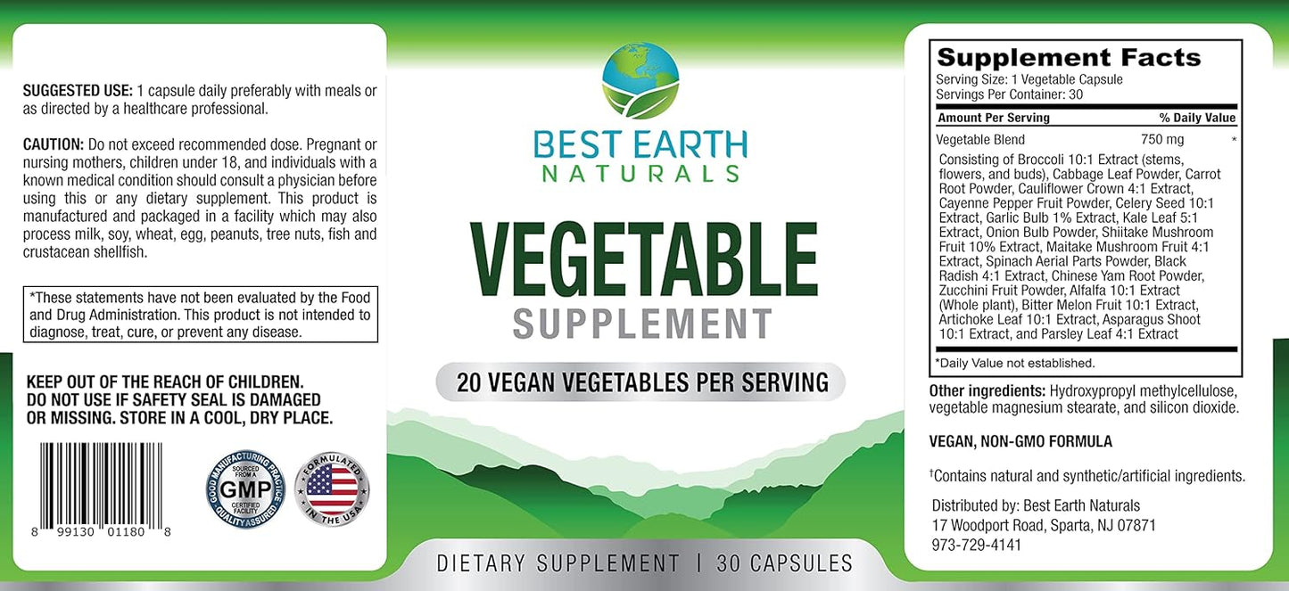 Premium Earth Naturals 20 Vegetable Blend Energy Vitamins for Women and Men - 30 Day Supply