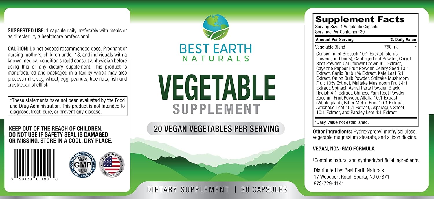Premium Earth Naturals 20 Vegetable Blend Energy Vitamins for Women and Men - 30 Day Supply