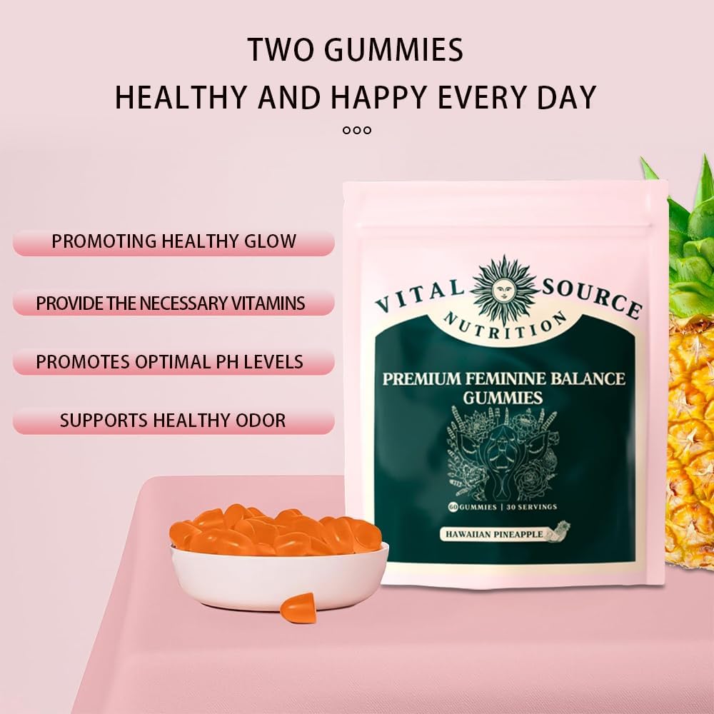 Premium Feminine Balance Gummies for Women's Health & Wellness - Hawaiian Pineapple Flavor, 60 Count, Vegan & Gluten-Free with Immune Support