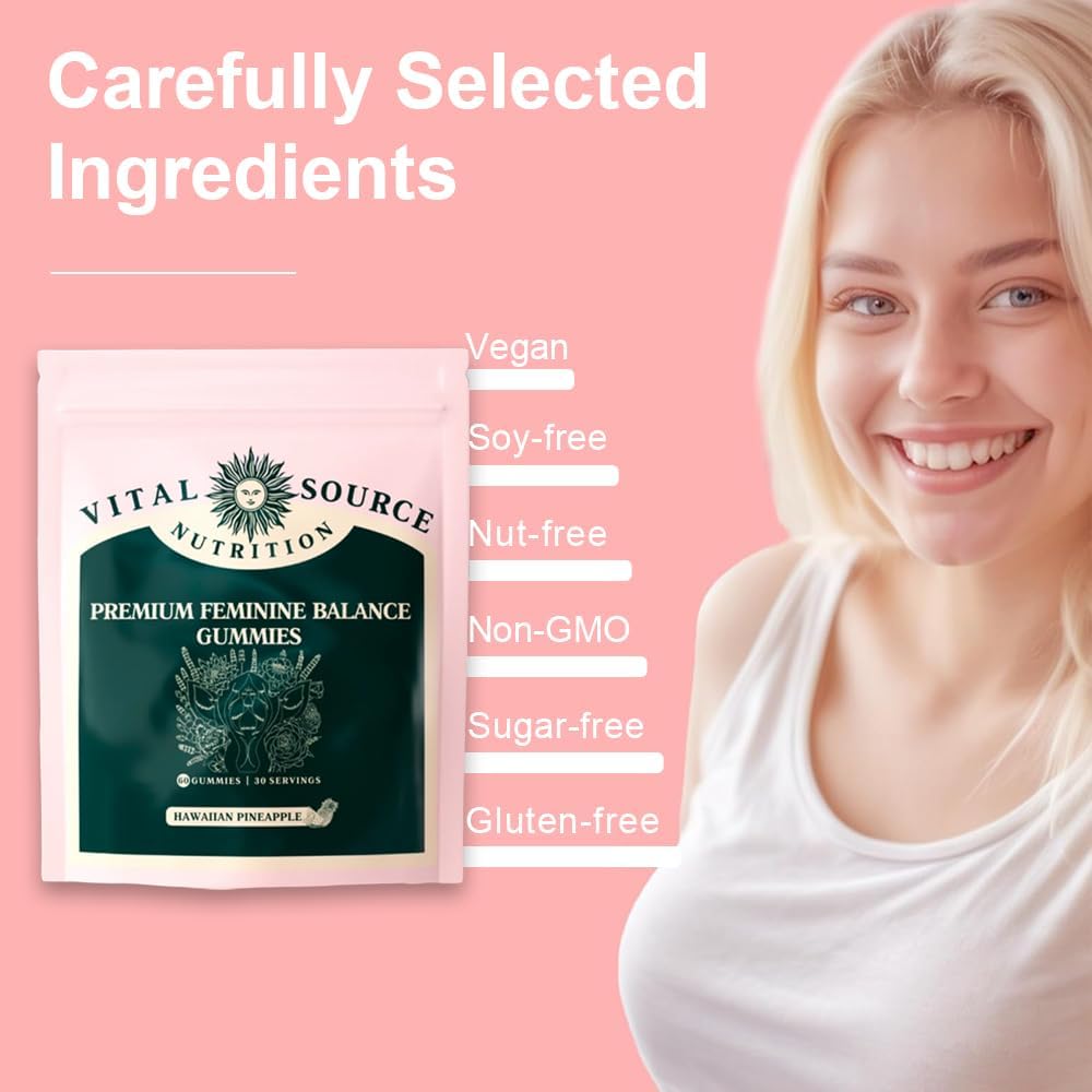 Premium Feminine Balance Gummies for Women's Health & Wellness - Hawaiian Pineapple Flavor, 60 Count, Vegan & Gluten-Free with Immune Support