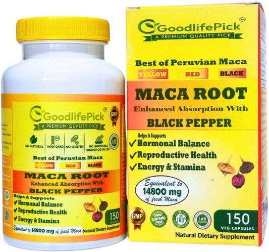 Premium GoodlifePick Peruvian Maca Root Capsules - 150 ct - Red, Yellow, Black Maca Extract - Non-GMO, Vegan - No Fillers