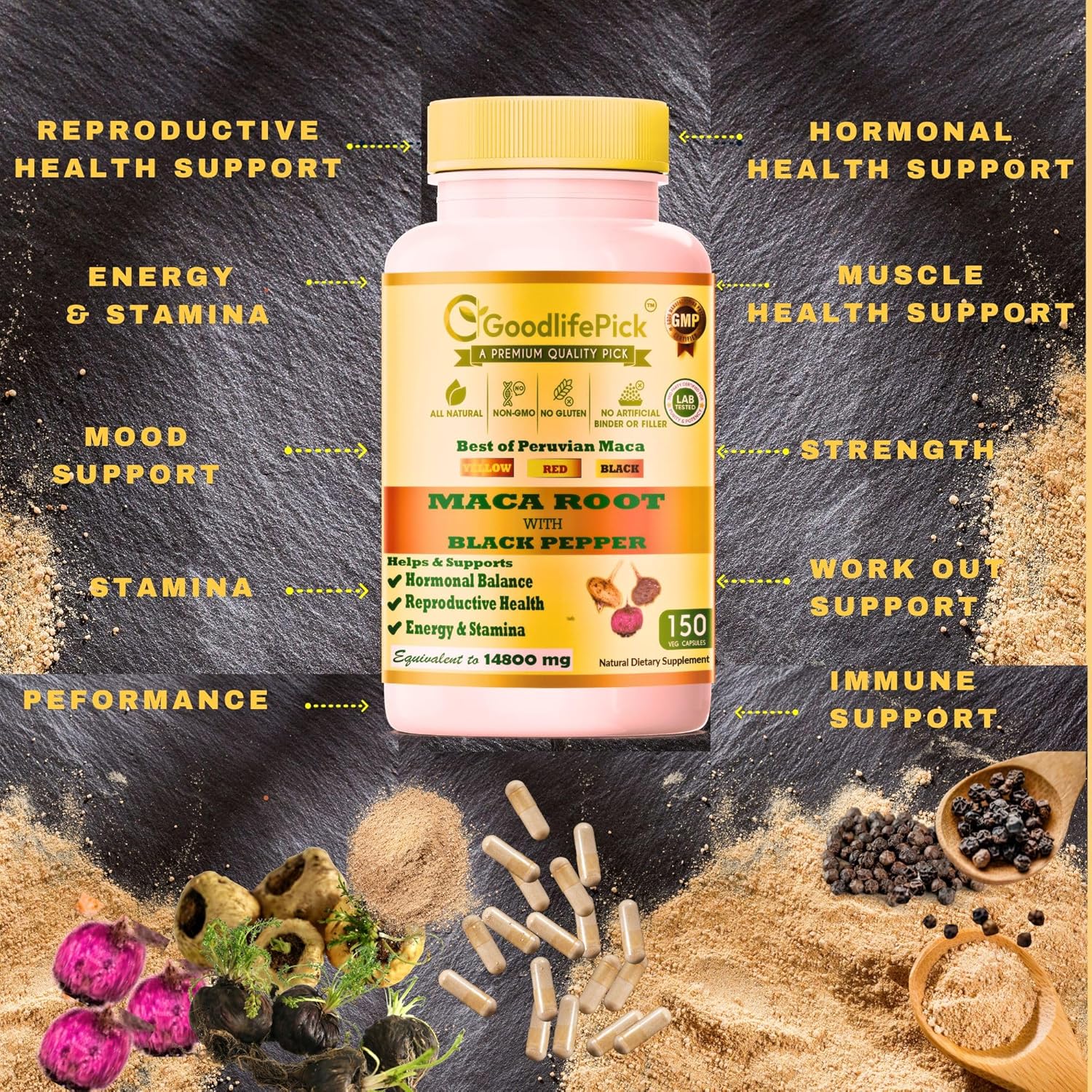 Premium GoodlifePick Peruvian Maca Root Capsules - 150 ct - Red, Yellow, Black Maca Extract - Non-GMO, Vegan - No Fillers