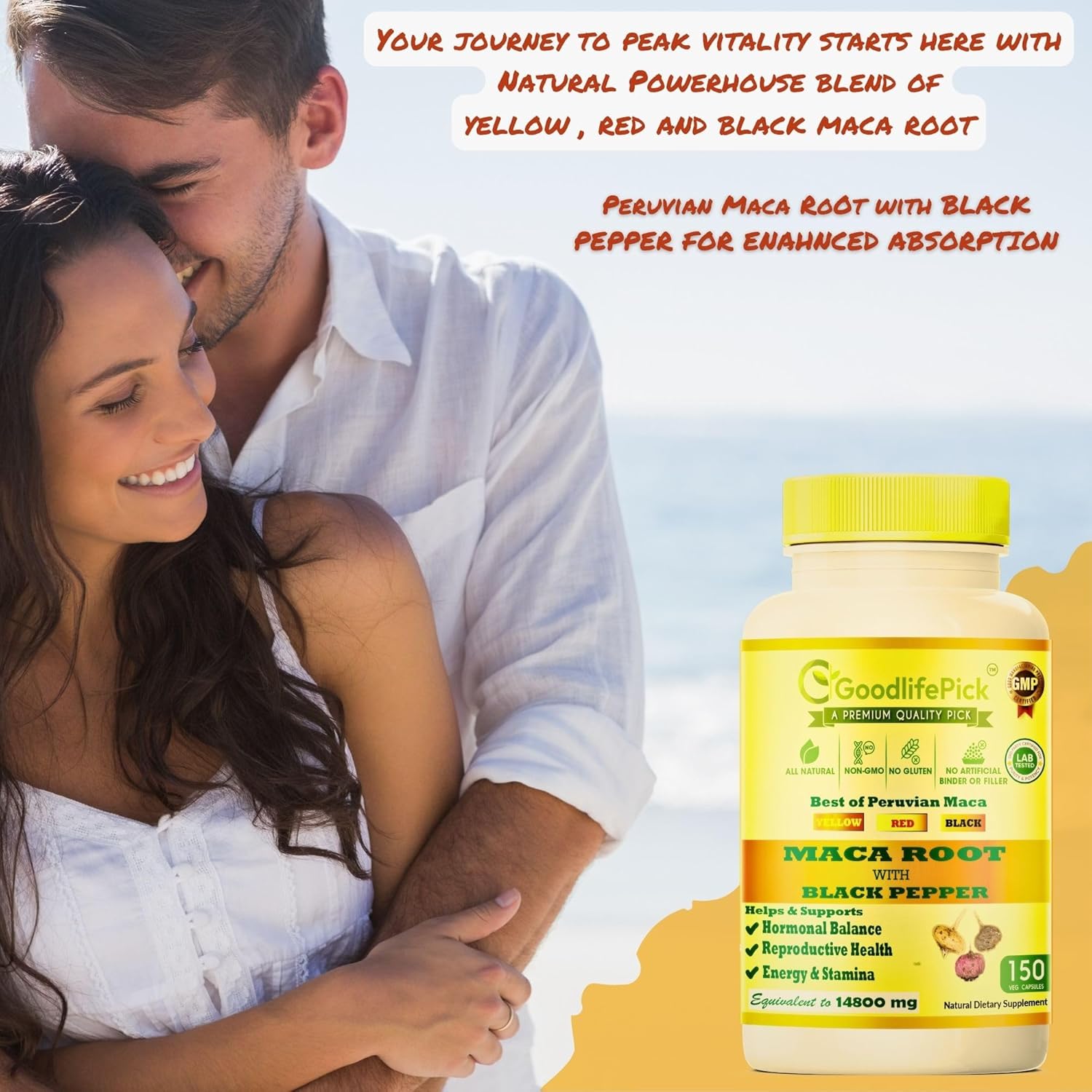 Premium GoodlifePick Peruvian Maca Root Capsules - 150 ct - Red, Yellow, Black Maca Extract - Non-GMO, Vegan - No Fillers