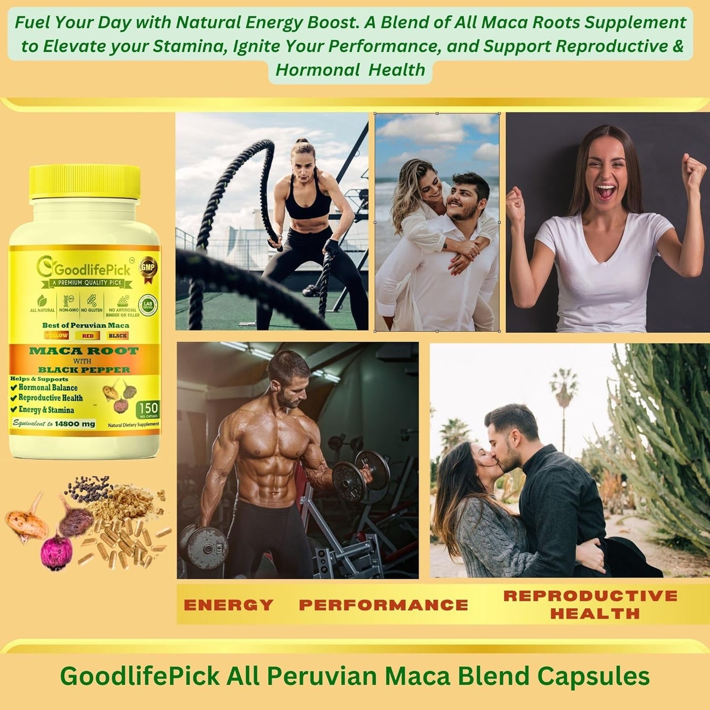 Premium GoodlifePick Peruvian Maca Root Capsules - 150 ct - Red, Yellow, Black Maca Extract - Non-GMO, Vegan - No Fillers