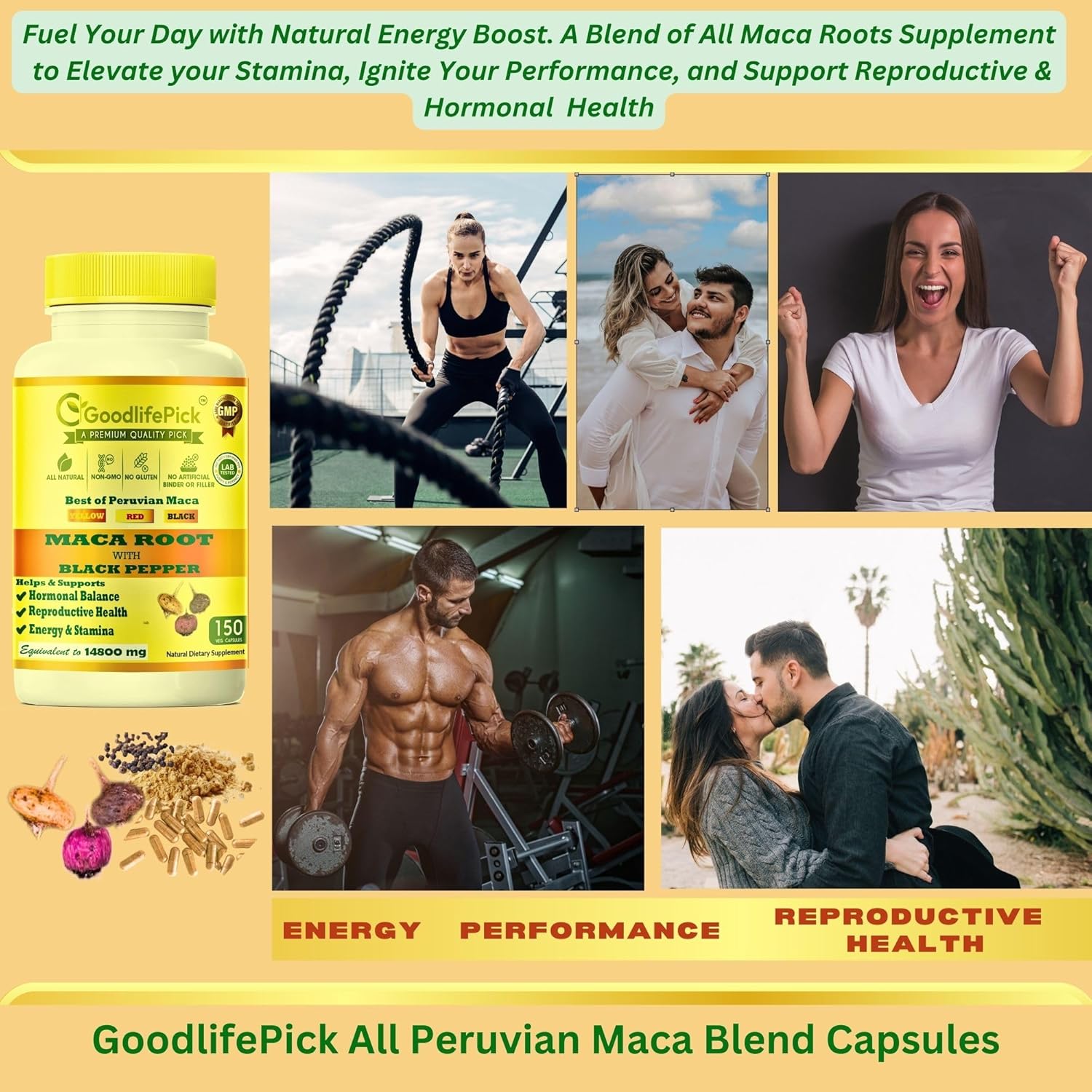 Premium GoodlifePick Peruvian Maca Root Capsules - 150 ct - Red, Yellow, Black Maca Extract - Non-GMO, Vegan - No Fillers