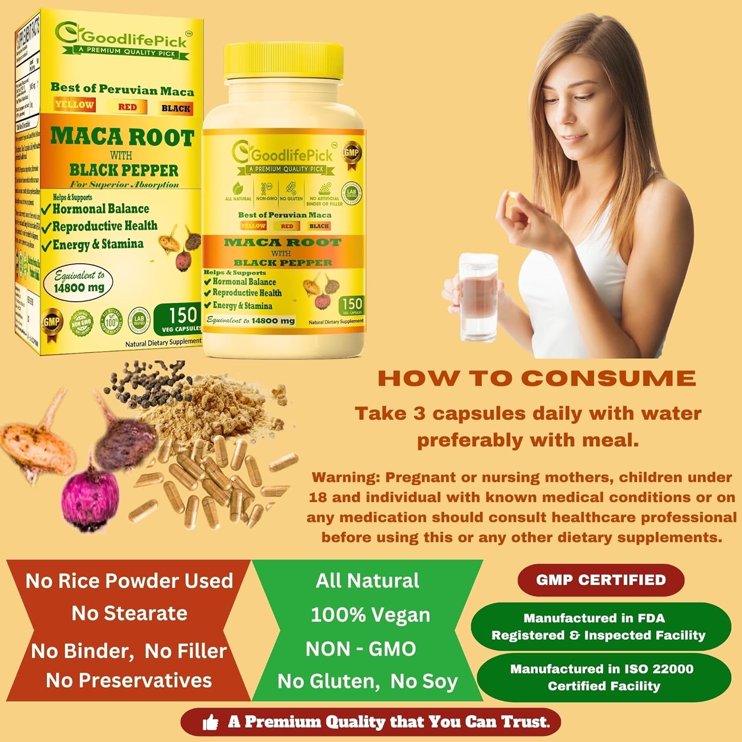 Premium GoodlifePick Peruvian Maca Root Capsules - 150 ct - Red, Yellow, Black Maca Extract - Non-GMO, Vegan - No Fillers