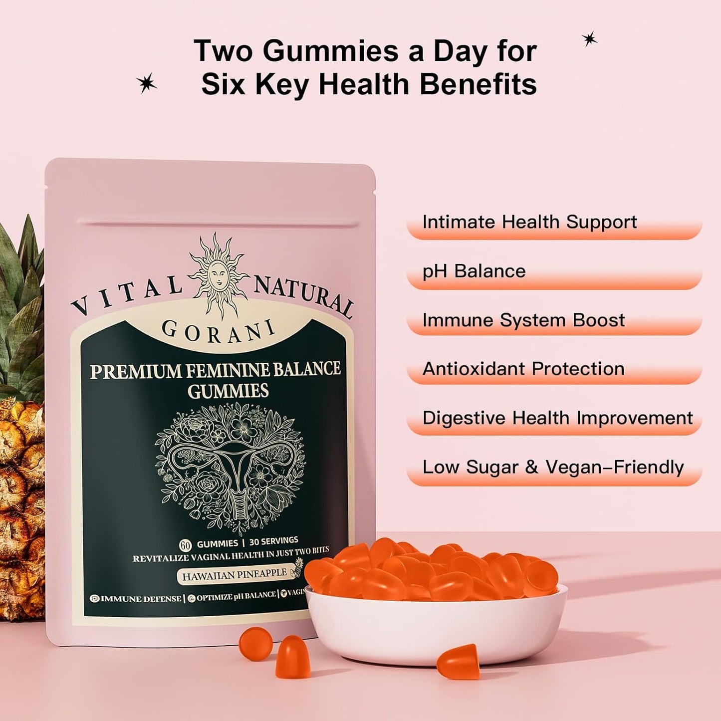 Premium Gorani Feminine Balance Gummies - Probiotic Support for Women's Intimate Health, pH Balance & Immune Boost - Vegan with Low Sugar
