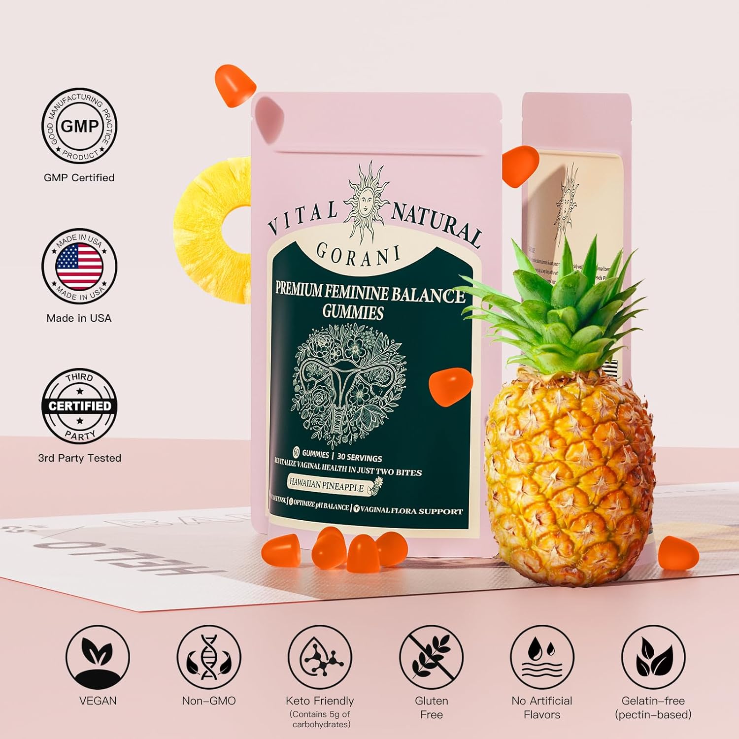 Premium Gorani Feminine Balance Gummies - Probiotic Support for Women's Intimate Health, pH Balance & Immune Boost - Vegan with Low Sugar