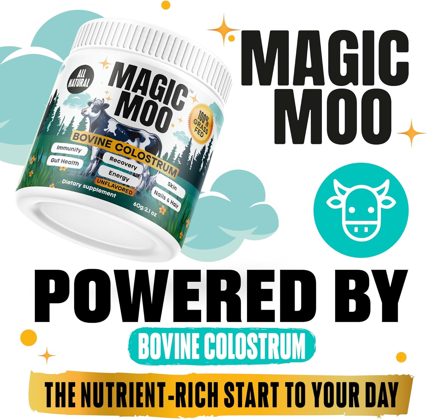 Premium Grass-Fed Bovine Colostrum Powder for Immune & Gut Health Support - Energy, Recovery, Hair, Skin, Nails - 100% Natural, Unflavored - 60g