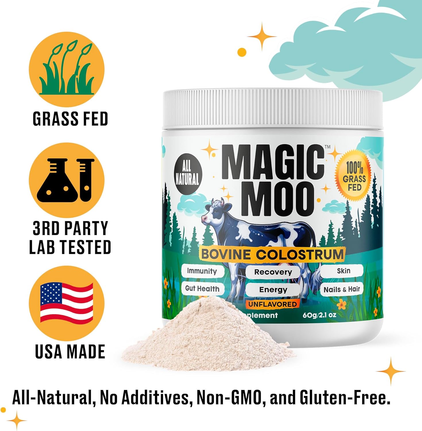 Premium Grass-Fed Bovine Colostrum Powder for Immune & Gut Health Support - Energy, Recovery, Hair, Skin, Nails - 100% Natural, Unflavored - 60g