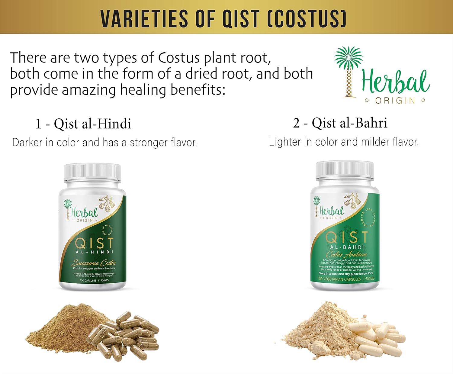 Premium iHerbal Origin Qist Al-Bahri (Costus Arabicus) Capsules - Natural Non-GMO Supplement, 100 Vegan Capsules, 500MG Each