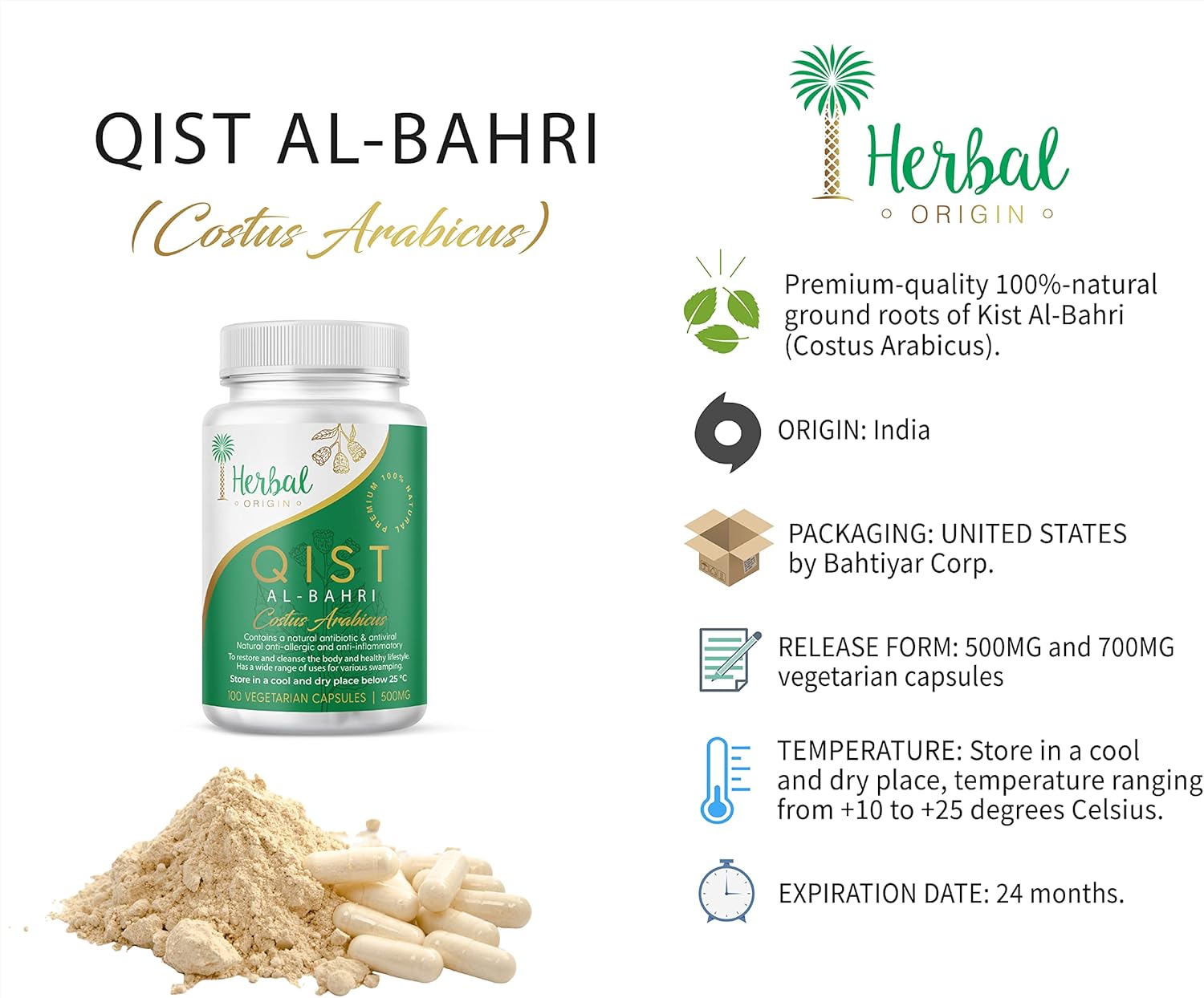 Premium iHerbal Origin Qist Al-Bahri (Costus Arabicus) Capsules - Natural Non-GMO Supplement, 100 Vegan Capsules, 500MG Each