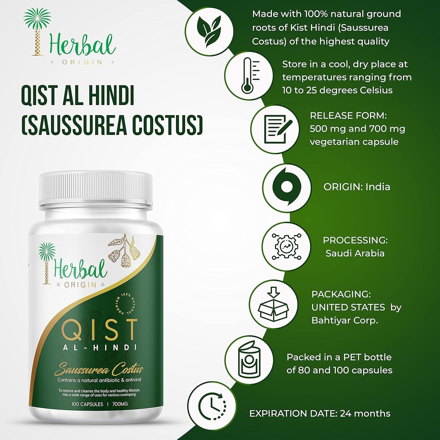 Premium iHerbal Saussurea Costus Root Supplement in Vegan Capsules - 80 Capsules, 700MG - Qist al-Hindi Herbal Origin