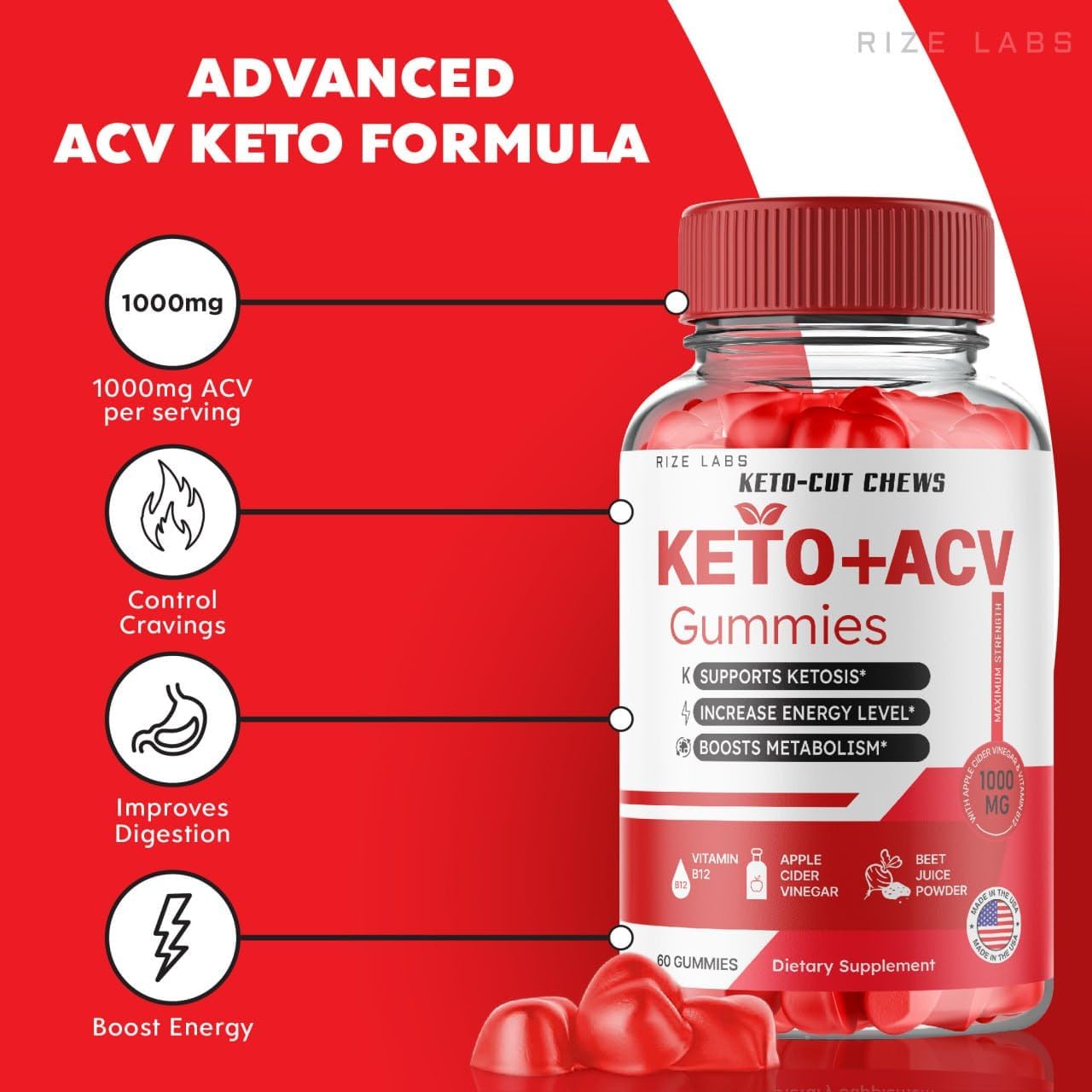 Premium Keto-Cut Chews with ACV for Advanced  Slimming Formula  - Maximum Strength Keto + ACV Gummies - 60 Count