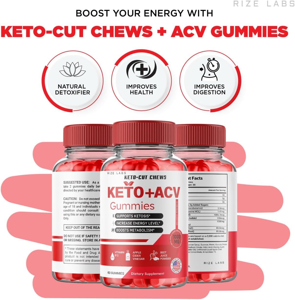 Premium Keto-Cut Chews with ACV for Advanced  Slimming Formula  - Maximum Strength Keto + ACV Gummies - 60 Count