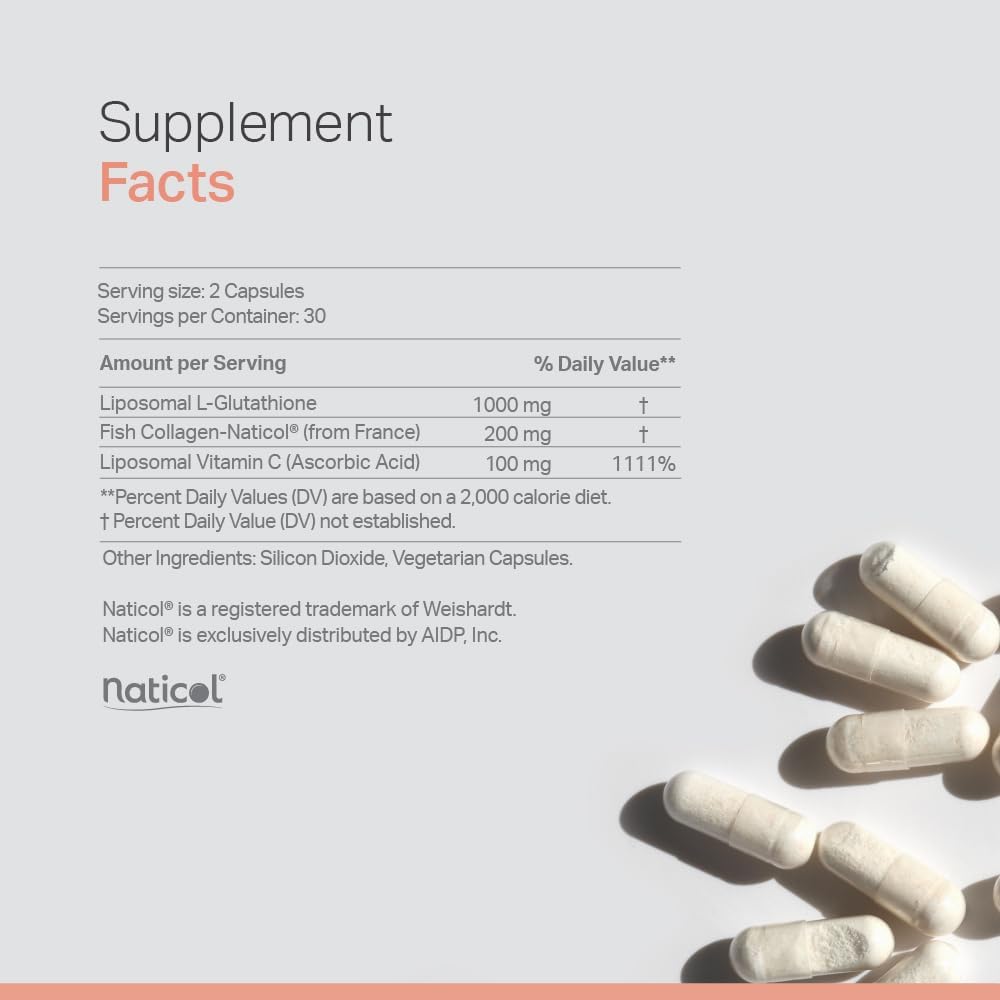 Premium Liposomal Glutathione Supplement with Marine Collagen, Vitamin C - Skin Care - Enhanced Absorption Formula for Radiant Skin, Detox & Antioxidant Support - 60 Capsules