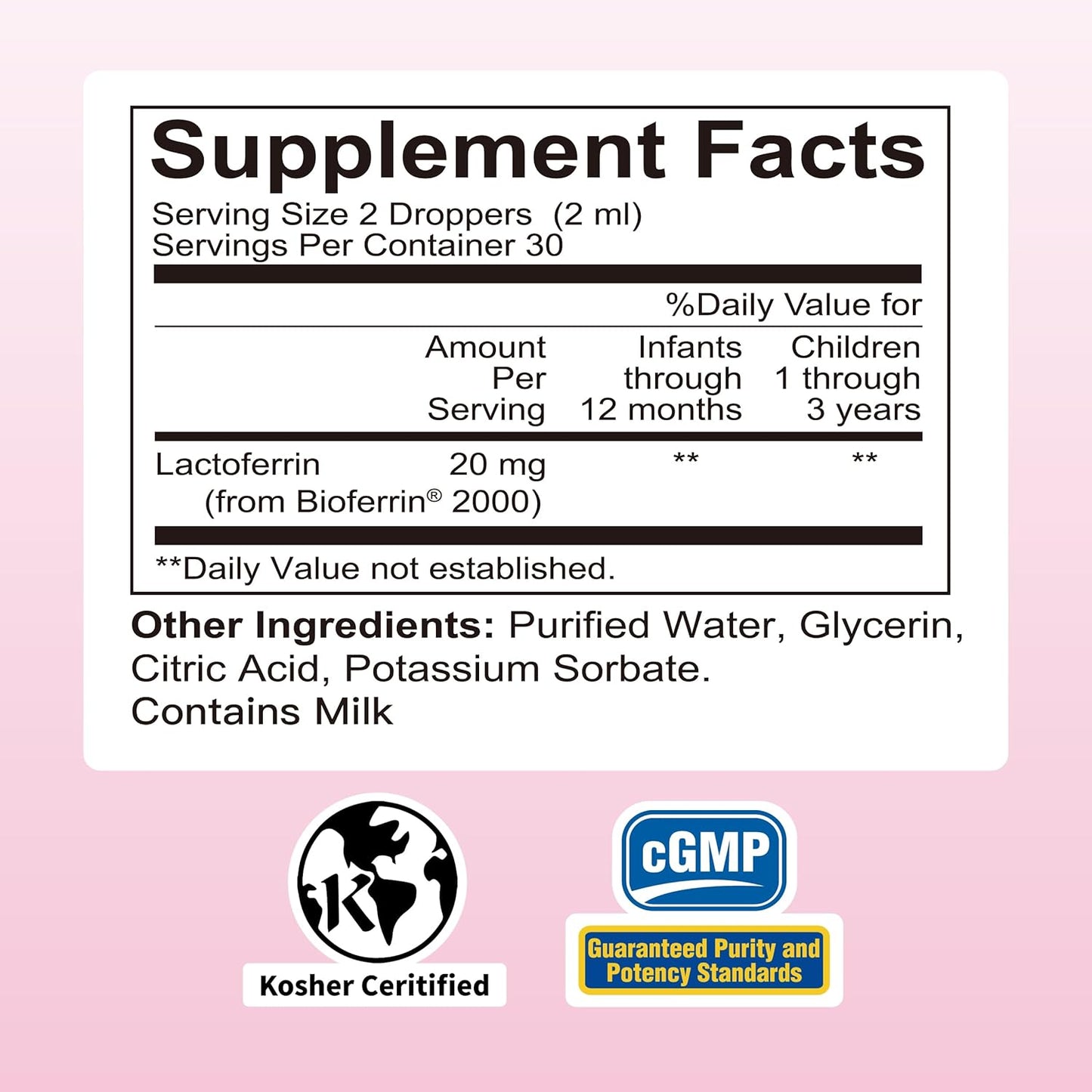 Premium Liquid Lactoferrin for Baby, Infant, Kids and Children - Non-GMO, Kosher - 2 Fl Oz