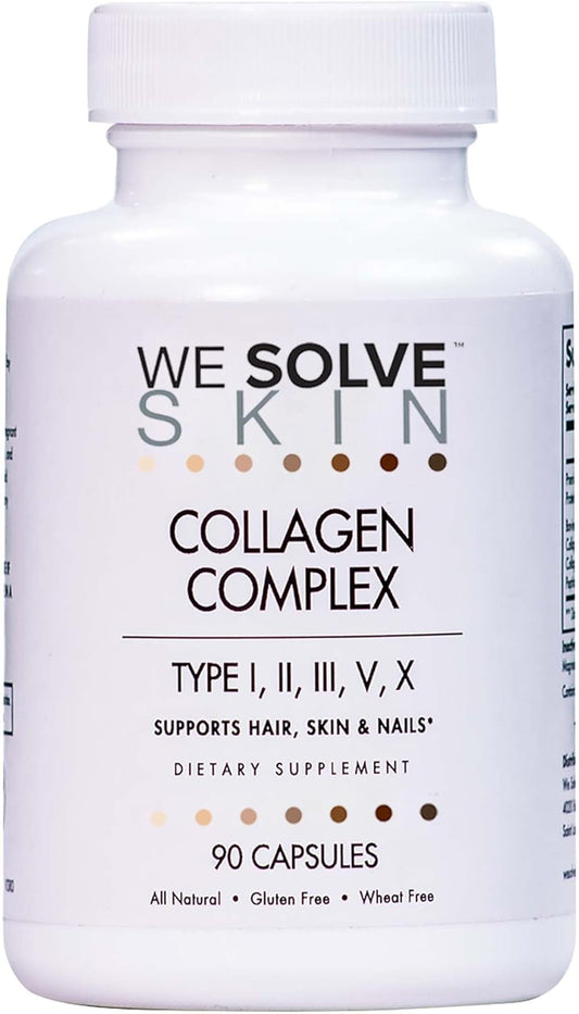Premium Multi Collagen Capsules for Healthy Hair, Skin, Nails, Bones | WESOLVESKIN Pure Hydrolyzed Collagen Peptides with Type I, II, III, V, X | Gluten-Free (90 Capsules)