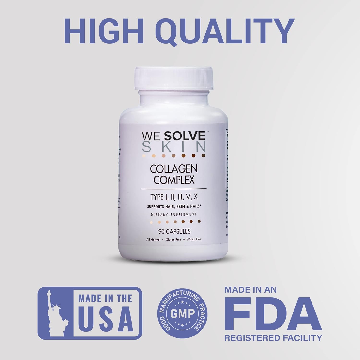 Premium Multi Collagen Capsules for Healthy Hair, Skin, Nails, Bones | WESOLVESKIN Pure Hydrolyzed Collagen Peptides with Type I, II, III, V, X | Gluten-Free (90 Capsules)