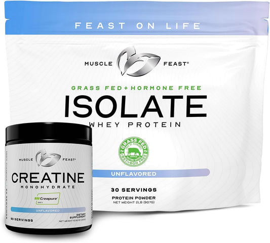 Premium Muscle Feast Isolate & Creatine Bundle - Whey Protein Isolate (Unflavored, 2lb) + Creatine Powder (Unflavored, 300g) - Vegetarian & Gluten Free