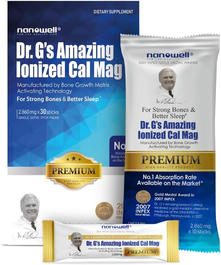 Premium NANOWELL Dr. G's Ionized Cal Mag 2,860mg Supplement - Bone Strength & Health - Calcium & Magnesium Powder Stick Packs - 30 Sticks, 30 Count