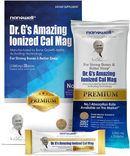 Premium NANOWELL Dr. G's Ionized Cal Mag 2,860mg Supplement - Bone Strength & Health - Calcium & Magnesium Powder Stick Packs - 30 Sticks, 30 Count