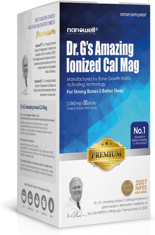Premium NANOWELL Dr. G's Ionized Cal Mag 2,860mg Supplement - Bone Strength & Health - Calcium & Magnesium Powder Stick Packs - 30 Sticks, 30 Count