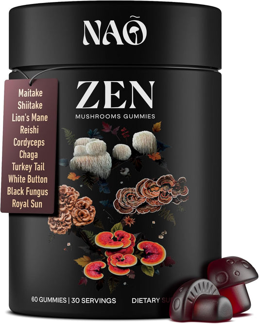Premium NAO Zen 10-in-1 Mushroom Gummies: Brain, Immune & Energy Support - Reishi, Lion’s Mane, Chaga, Cordyceps, Shiitake, Maitake & Turkey Tail - Non-GMO, Vegan, USA Made