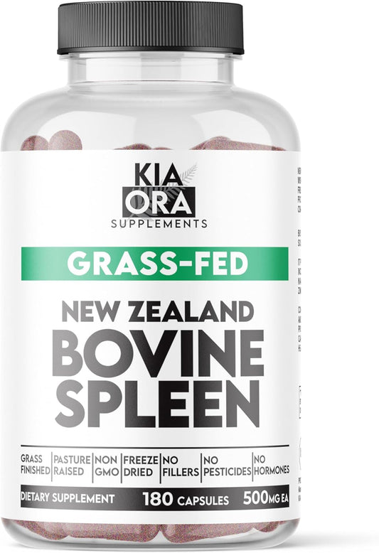 Premium New Zealand Grass Fed Beef Spleen Supplement - 100% Pure Bovine Capsules with Heme-Iron - Non-GMO, Freeze Dried, Raw - 180 Caps