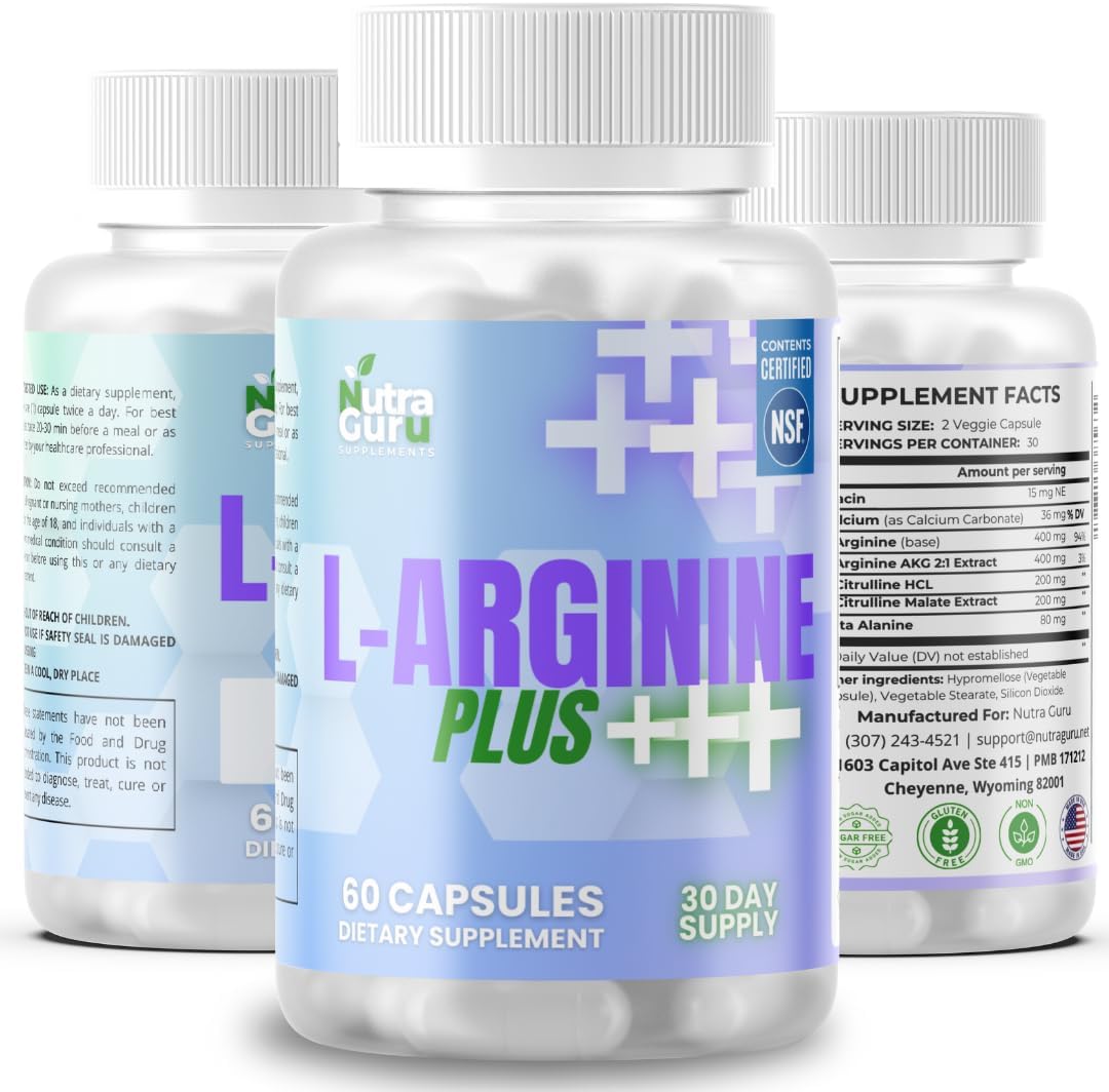 Premium Non-GMO L-Arginine & L-Citrulline Blend - 60 Capsules for Wellness & Fitness Support by Nutra Guru
