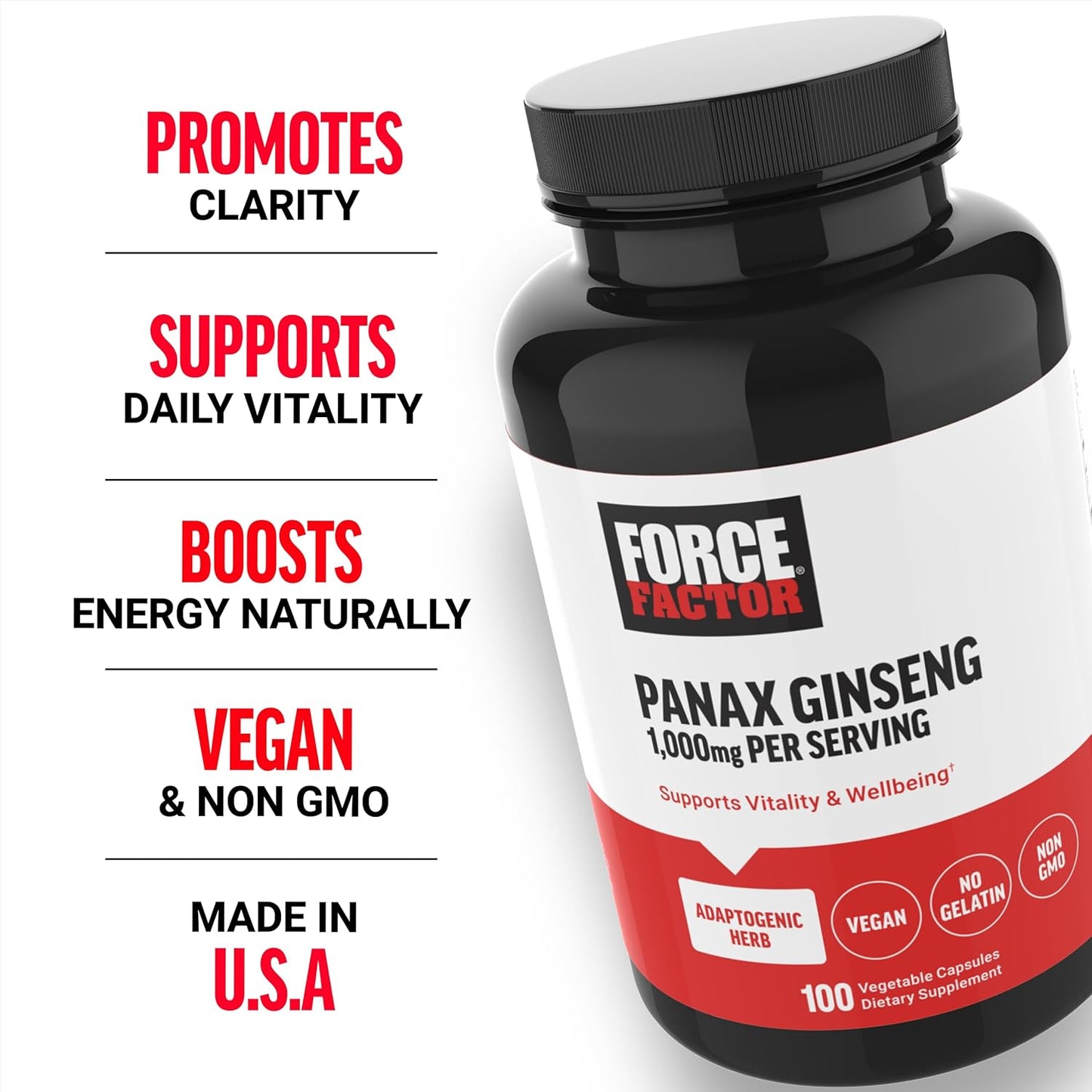 Premium Non-GMO Panax Ginseng Supplement for Energy, Clarity, and Well Being - 100 Vegan Capsules