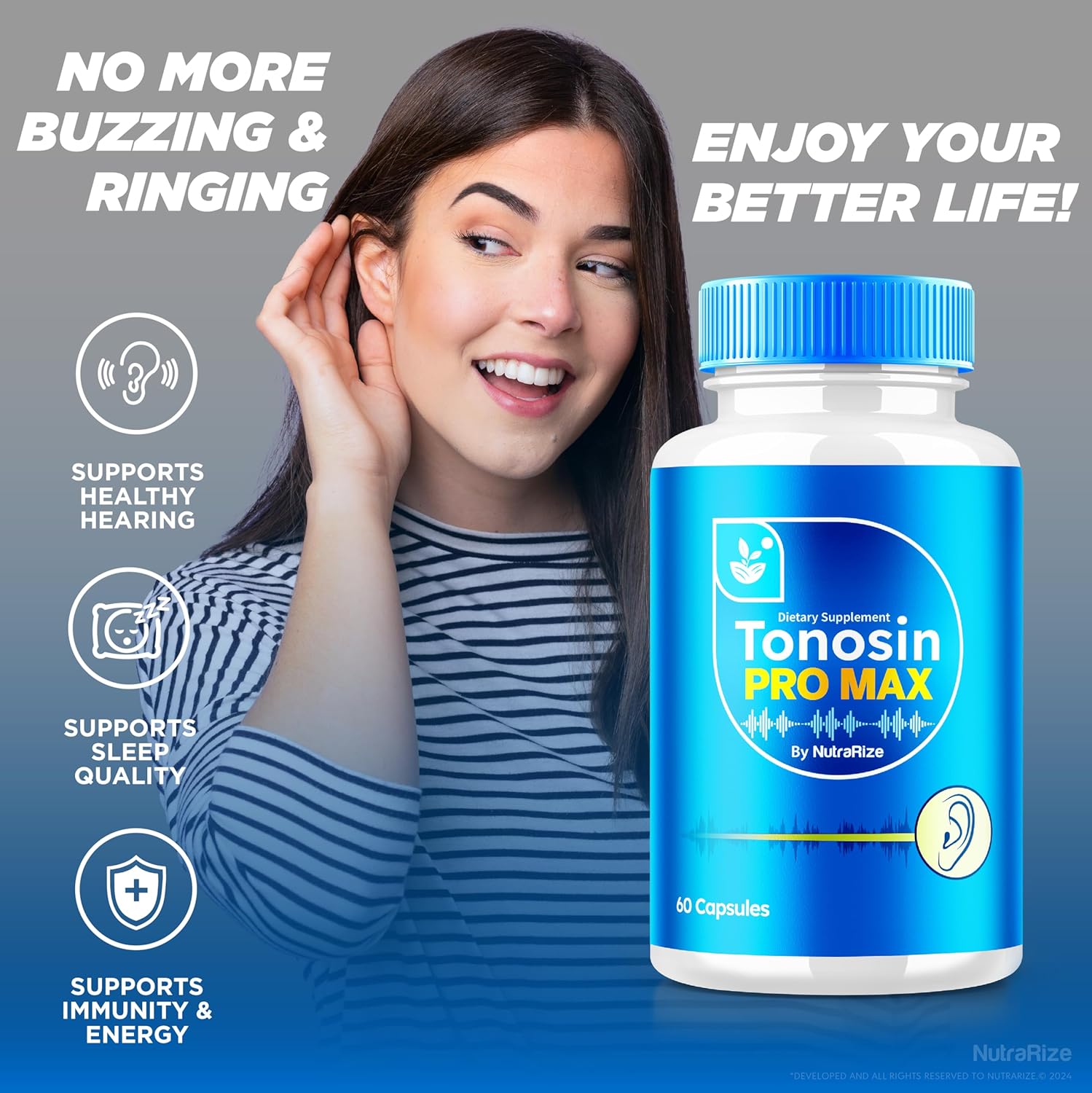 Premium NutraRize Tonosin Pro Max Capsules - Official Ear Health Formula - All-Natural Supplement for Inner Ear Health - Hearing Support - 300 Capsules