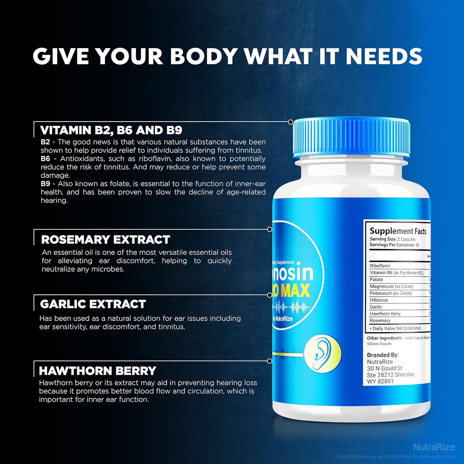 Premium NutraRize Tonosin Pro Max Capsules - Official Ear Health Formula - All-Natural Supplement for Inner Ear Health - Hearing Support - 300 Capsules