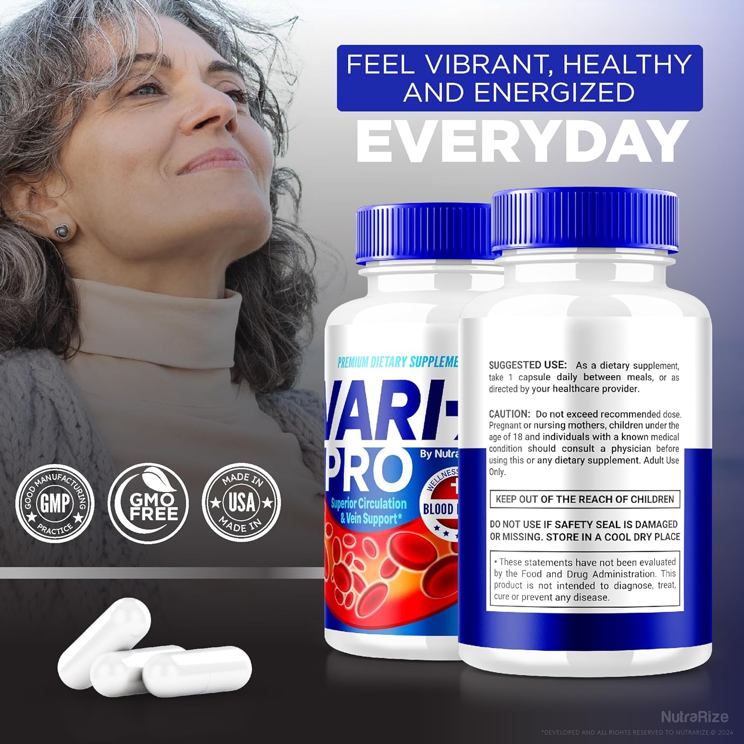 Premium NutraRize Vari-X Pro Blood Support Supplement - All Natural Formula for Healthy Levels & Overall Health - Varix Pro Pills - 60 Capsules