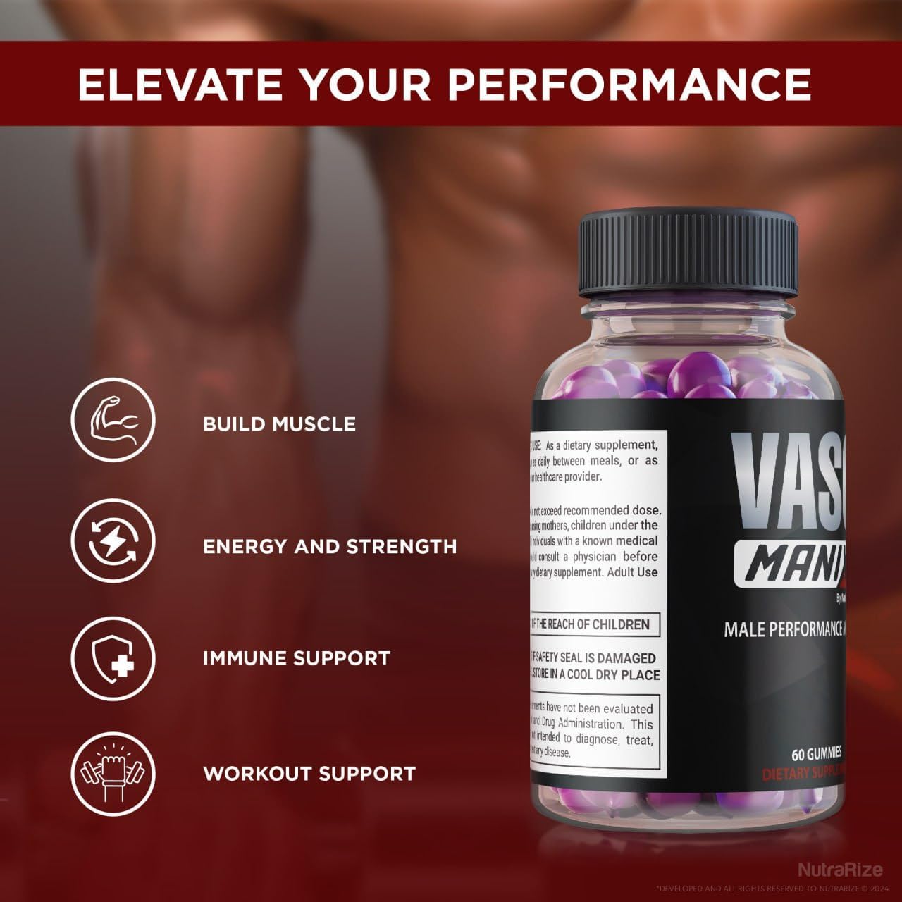 Premium NutraRize VasoManix Gummies for Men - All Natural Male Supplement to Boost Performance, Confidence, and Health - Official Reviews - 60 Gummies