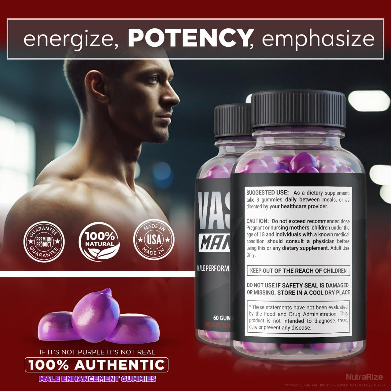 Premium NutraRize VasoManix Gummies for Men - All Natural Male Supplement to Boost Performance, Confidence, and Health - Official Reviews - 60 Gummies