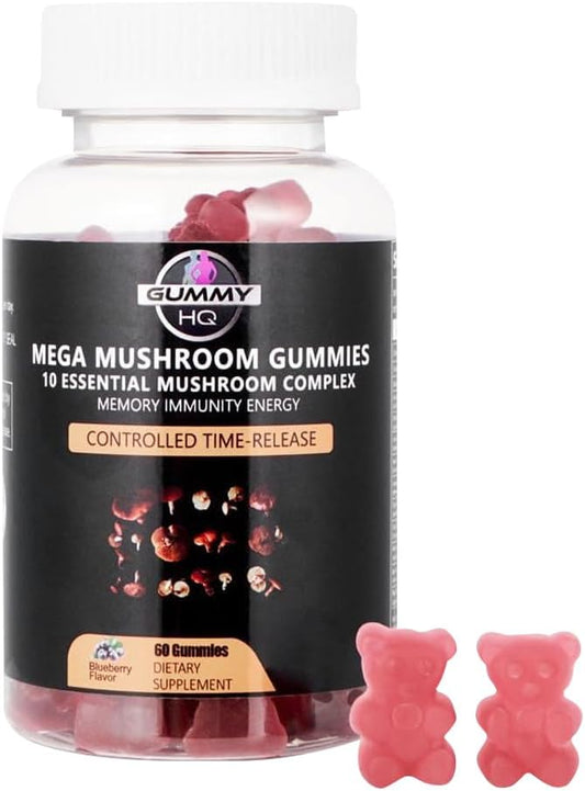 Premium Organic Time-Release Mushroom Gummies - 10 Mushroom Blend - Gluten Free - Maximum HQ Formula