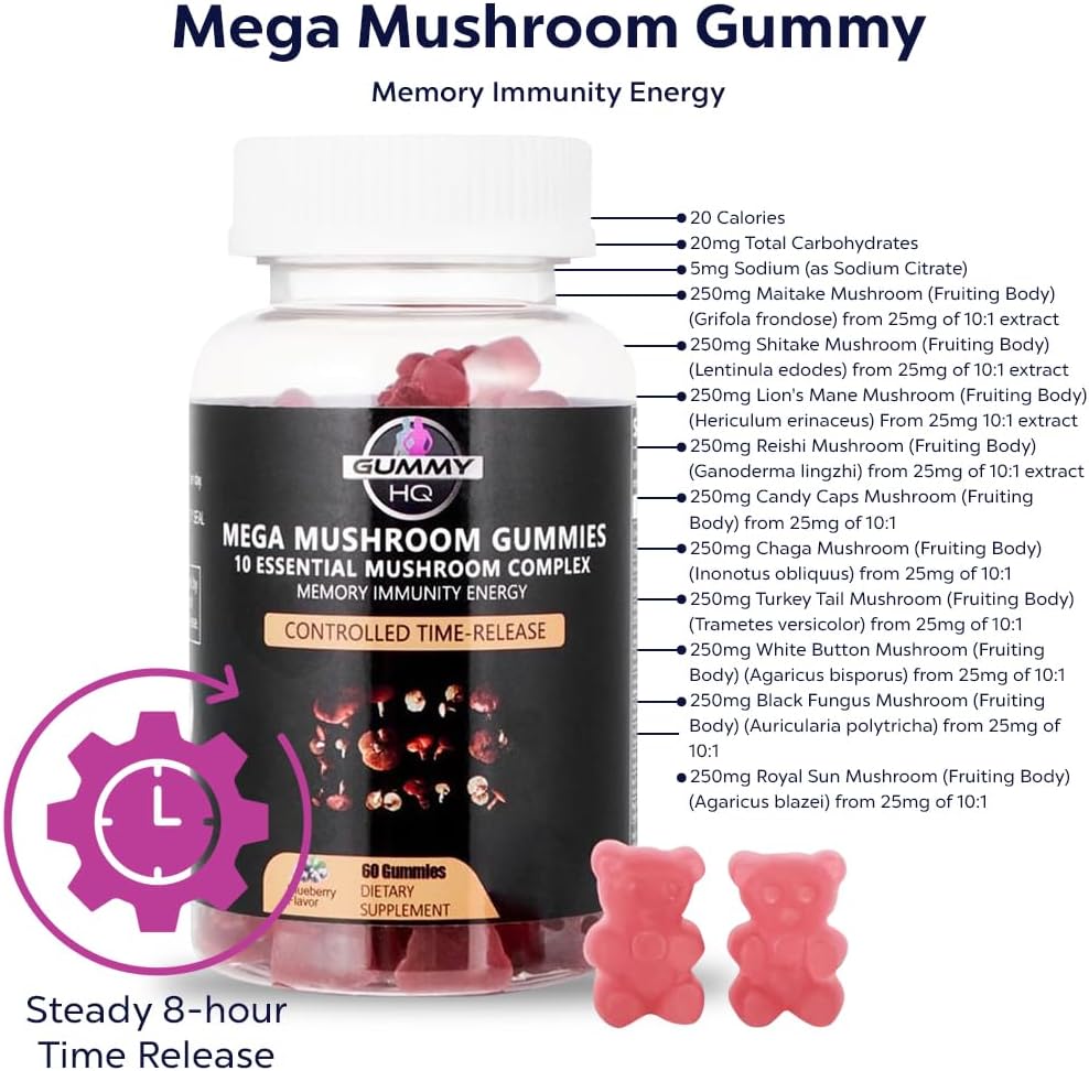 Premium Organic Time-Release Mushroom Gummies - 10 Mushroom Blend - Gluten Free - Maximum HQ Formula