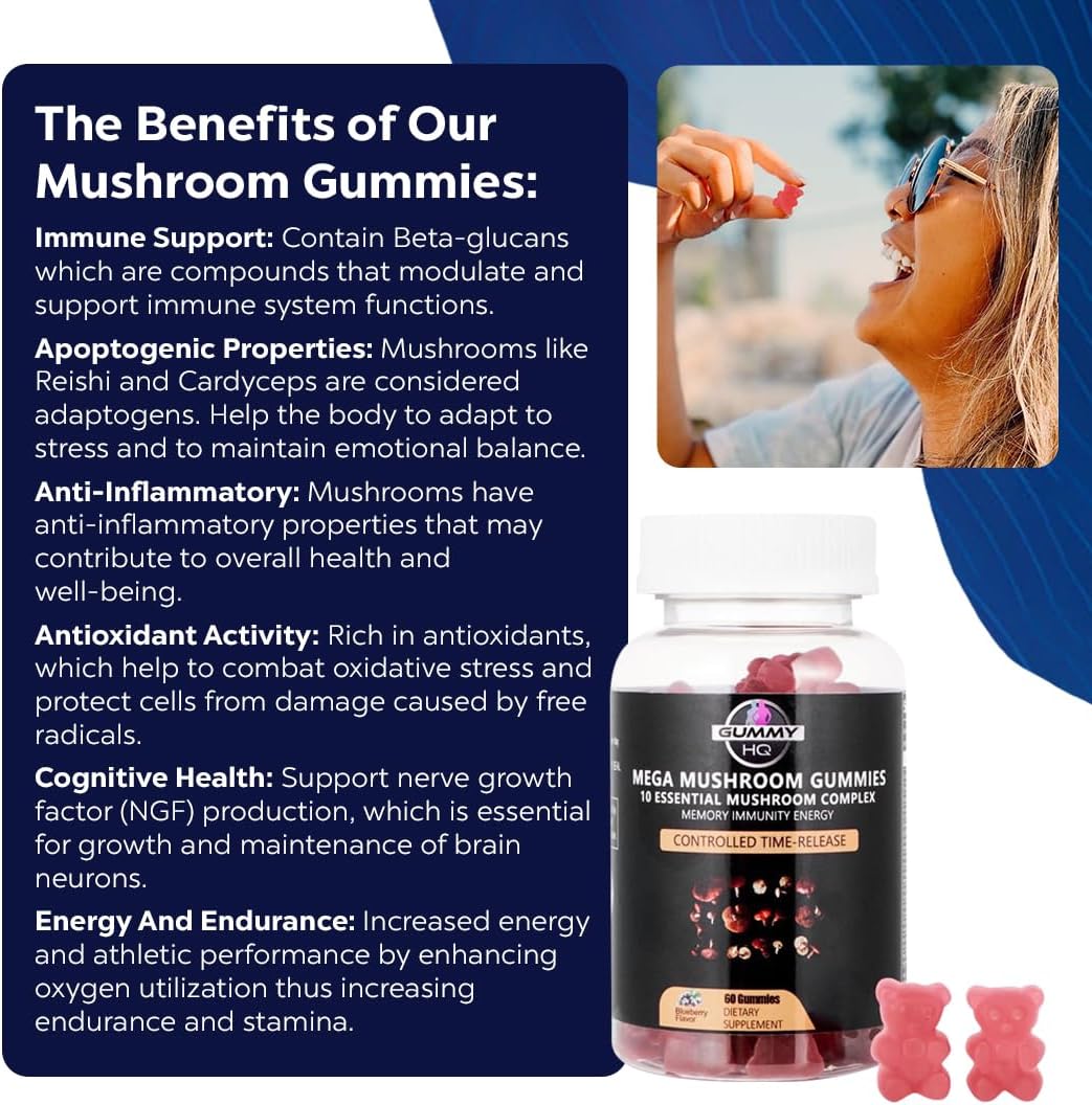 Premium Organic Time-Release Mushroom Gummies - 10 Mushroom Blend - Gluten Free - Maximum HQ Formula