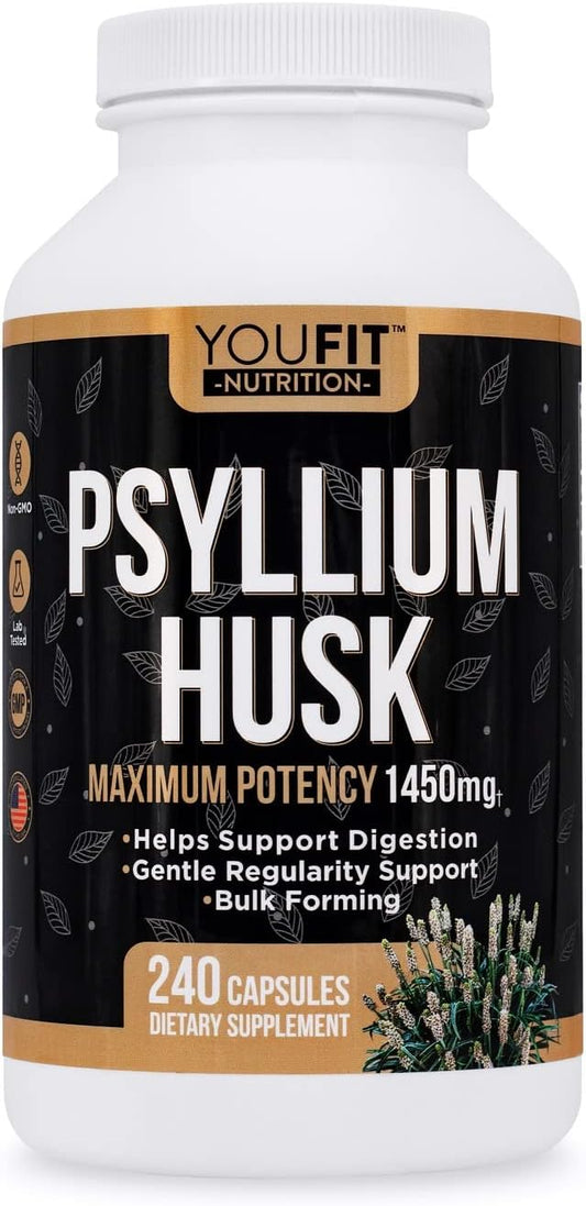 Premium Psyllium Husk Capsules for Intestinal Health - 100% Natural Soluble Fiber Supplement - 1450mg Per Serving - 240 Capsules