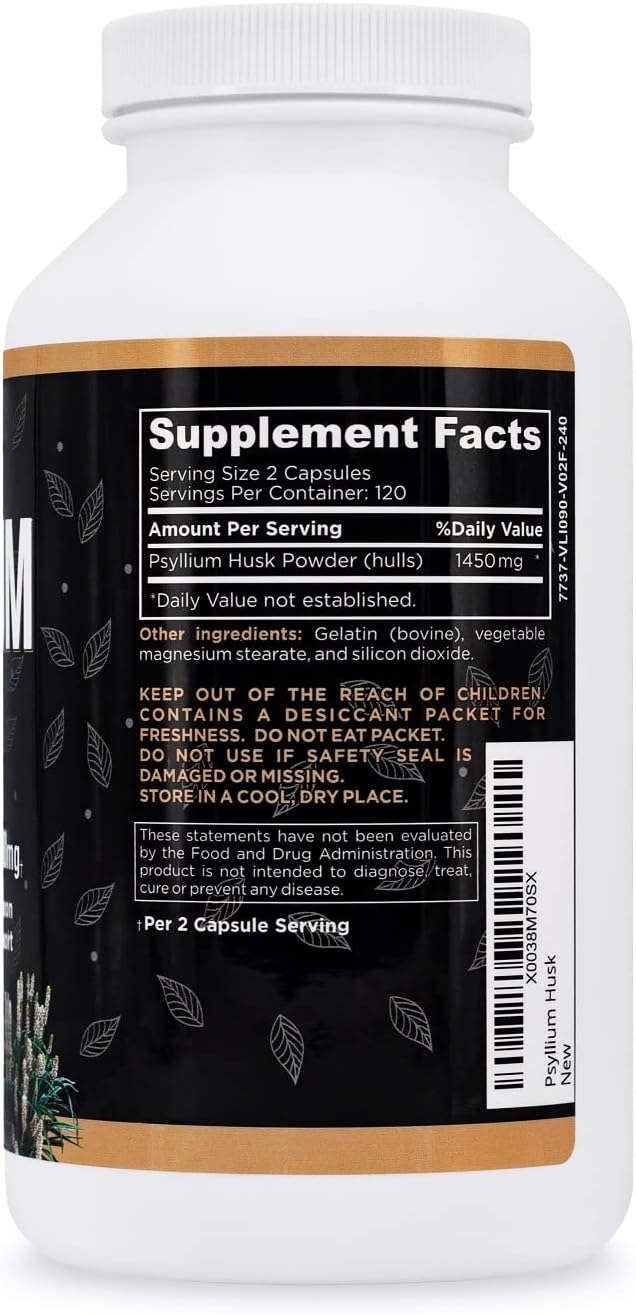 Premium Psyllium Husk Capsules for Intestinal Health - 100% Natural Soluble Fiber Supplement - 1450mg Per Serving - 240 Capsules