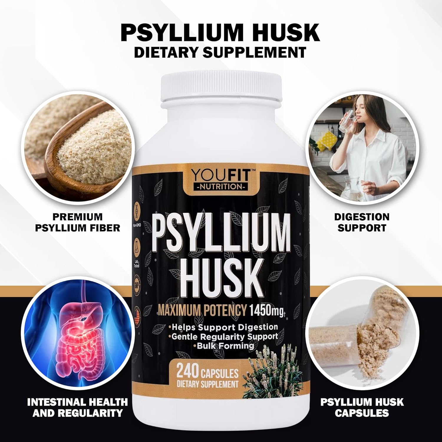 Premium Psyllium Husk Capsules for Intestinal Health - 100% Natural Soluble Fiber Supplement - 1450mg Per Serving - 240 Capsules