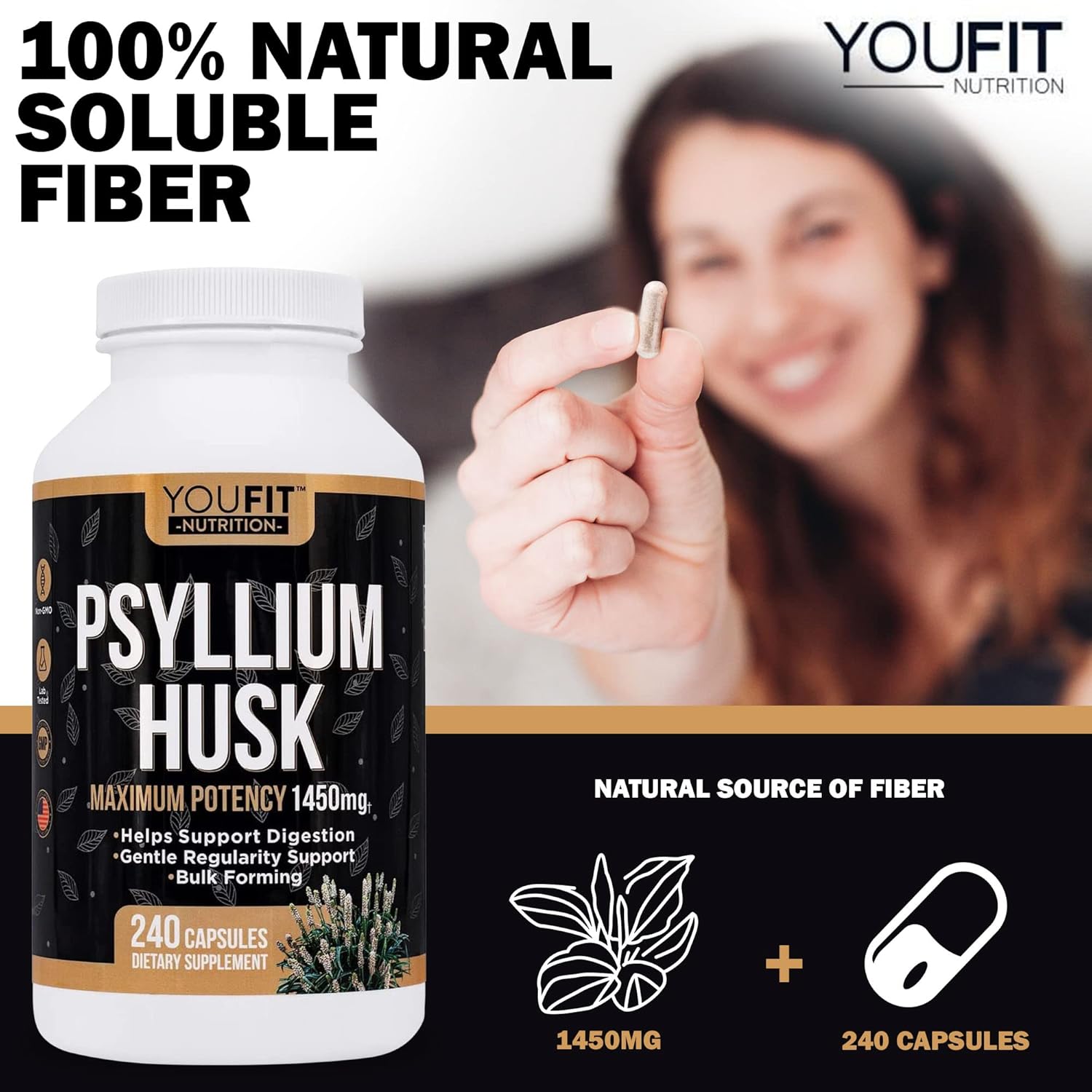 Premium Psyllium Husk Capsules for Intestinal Health - 100% Natural Soluble Fiber Supplement - 1450mg Per Serving - 240 Capsules