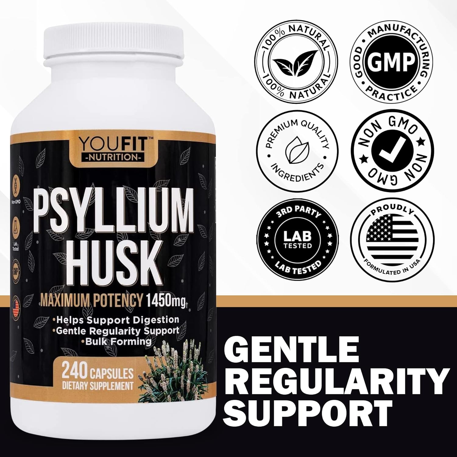 Premium Psyllium Husk Capsules for Intestinal Health - 100% Natural Soluble Fiber Supplement - 1450mg Per Serving - 240 Capsules