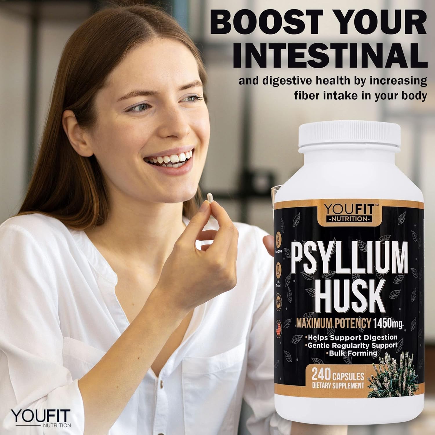 Premium Psyllium Husk Capsules for Intestinal Health - 100% Natural Soluble Fiber Supplement - 1450mg Per Serving - 240 Capsules