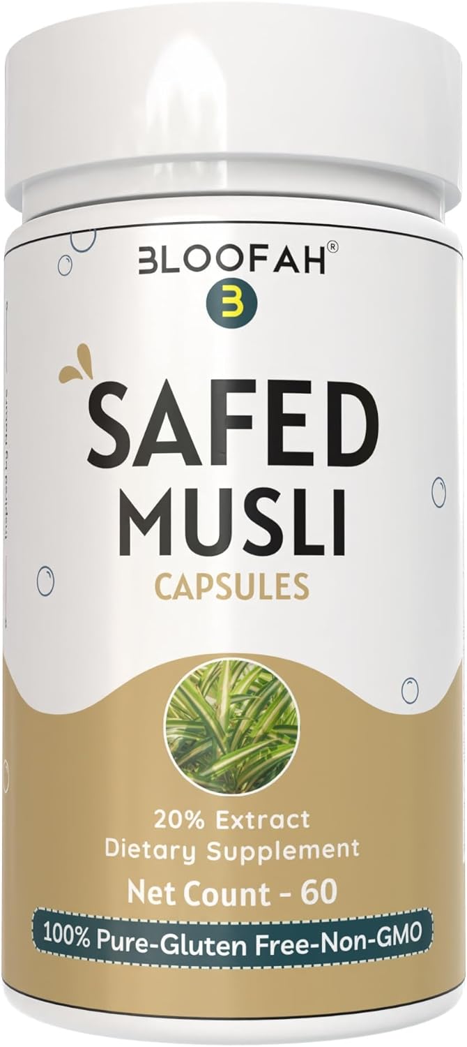 Premium Quality Bloofah Safed Musli Capsules 500mg | 20% Extract Powder | Herbal Supplement with Chlorophytum borivilianum | Non-GMO & Gluten-Free | Enhanced Purity & Potency | 60 Count Pack