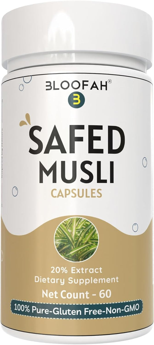 Premium Quality Bloofah Safed Musli Capsules 500mg | 20% Extract Powder | Herbal Supplement with Chlorophytum borivilianum | Non-GMO & Gluten-Free | Enhanced Purity & Potency | 60 Count Pack