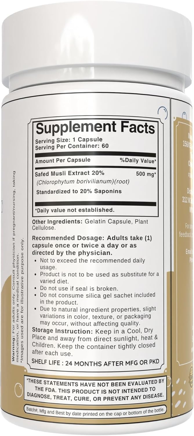 Premium Quality Bloofah Safed Musli Capsules 500mg | 20% Extract Powder | Herbal Supplement with Chlorophytum borivilianum | Non-GMO & Gluten-Free | Enhanced Purity & Potency | 60 Count Pack