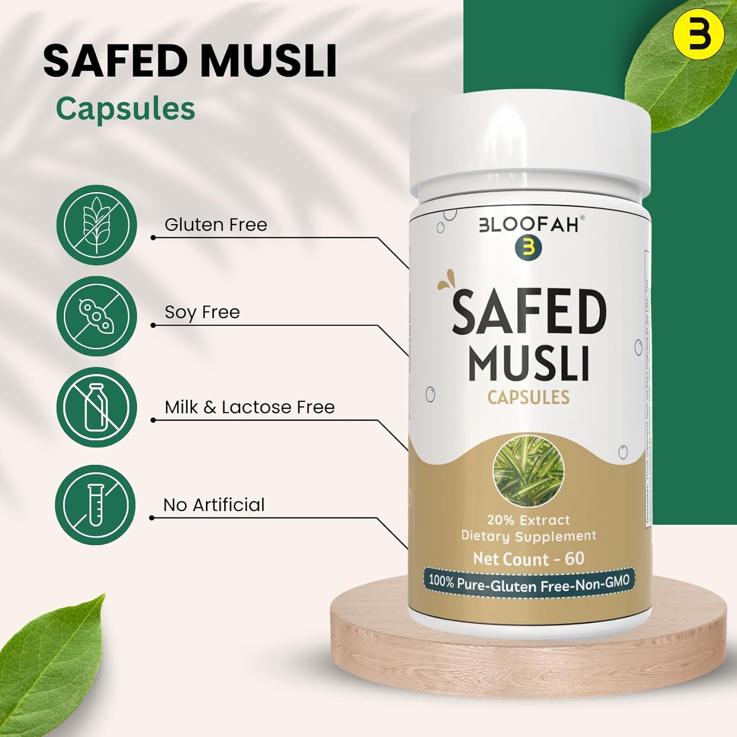 Premium Quality Bloofah Safed Musli Capsules 500mg | 20% Extract Powder | Herbal Supplement with Chlorophytum borivilianum | Non-GMO & Gluten-Free | Enhanced Purity & Potency | 60 Count Pack